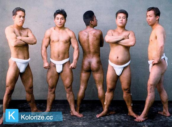 [colorized] Japanese sumo wrestlers in 1885.