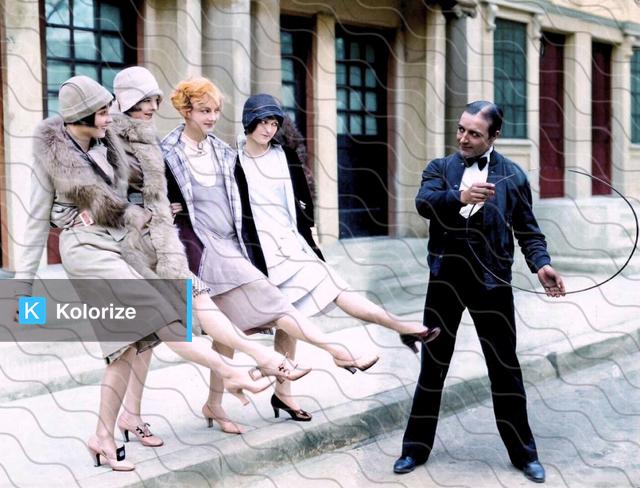 [colorized] Louise, Nancy Phillips, Josephine Dunn and Doris Hill get their kicks on the set of Rolled Stockings (1927) as James Hall looks on.