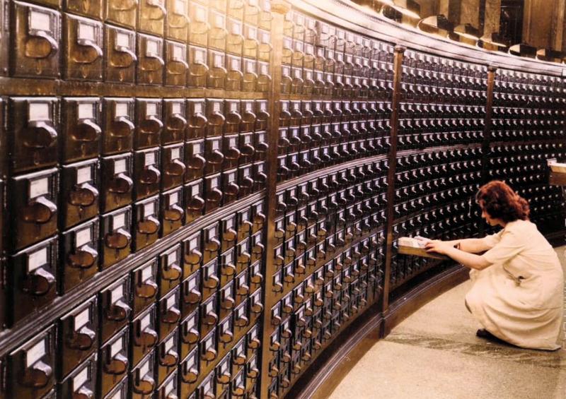 [colorized] 1930, Main Reading Room, Card Catalog, Library of Congress, Washington DC.
