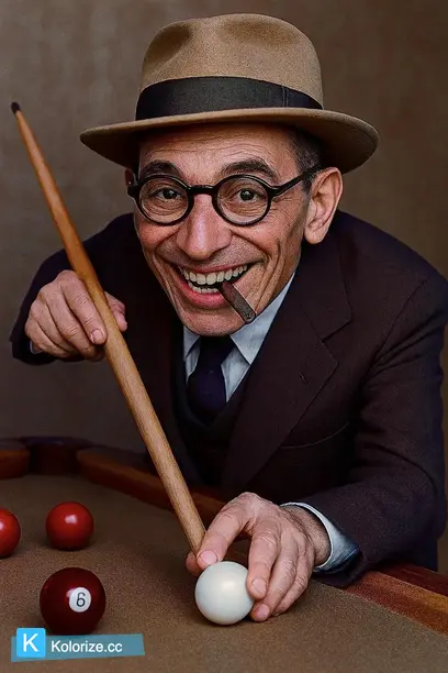 [colorized] George Stingerl (1898-1946) playing billiards in the 30s or 40s in a 1938 advertising photo.