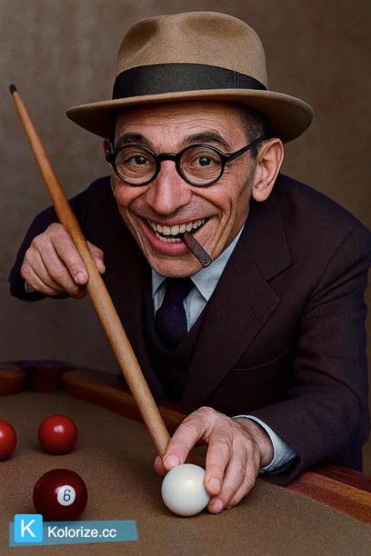 [colorized] George Stingerl (1898-1946) playing billiards in the 30s or 40s in a 1938 advertising photo.