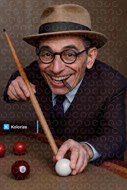 [colorized] George Stingerl (1898-1946) playing billiards in the 30s or 40s in a 1938 advertising photo.
