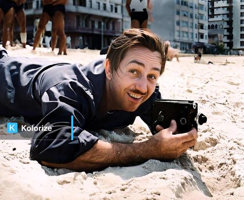 [colorized] Walt Disney filming on a beach in Rio de Janeiro, 1941.