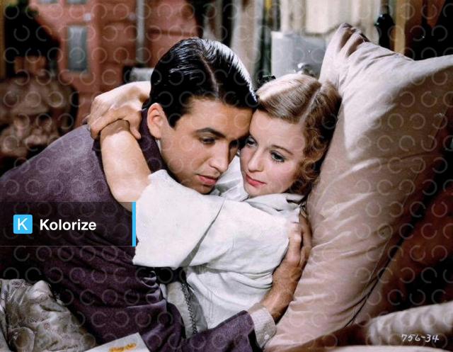 [colorized] Margaret Sullavan and Jimmy Stewart in a still from Next Time We Love (1936), the first of four films they made together.
