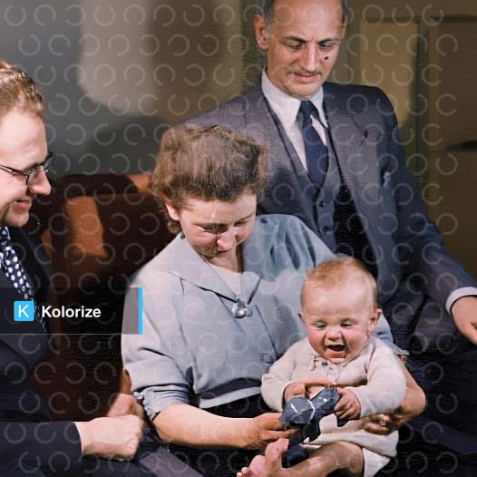 [colorized] Otto Frank with Jan and Miep Gies and their son Paul, Amsterdam, 1951 