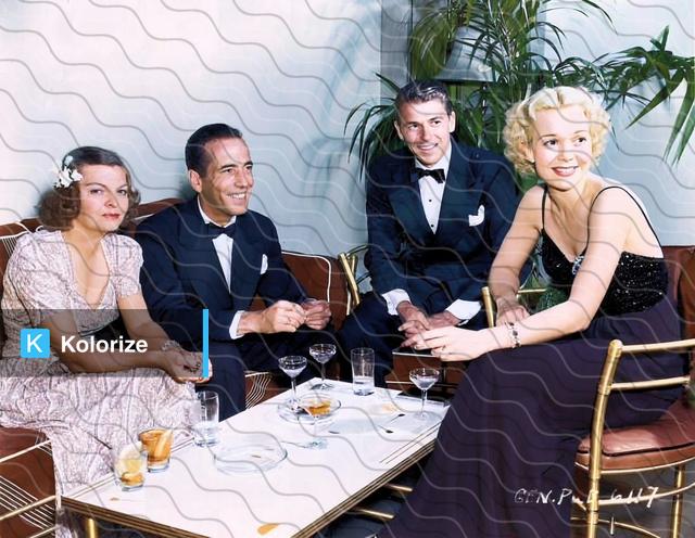 [colorized] Mayo Methot and Humphrey Bogart having cocktails with Ronald Reagan and Jane Wyman, circa early 1940s.