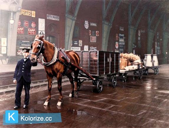 [colorized] A Photograph of Horse drawn drays at St Pancras station 1912. 