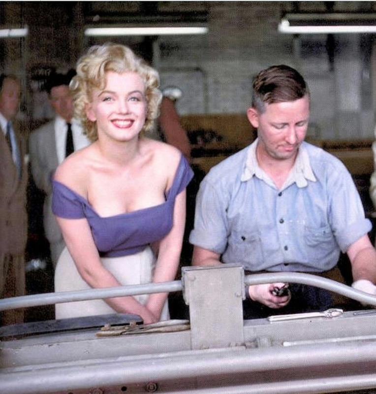 [colorized] Marilyn pictured during a promo visit to the silverware factory based in Niagara Falls. Photo by Jock Carroll. 1952