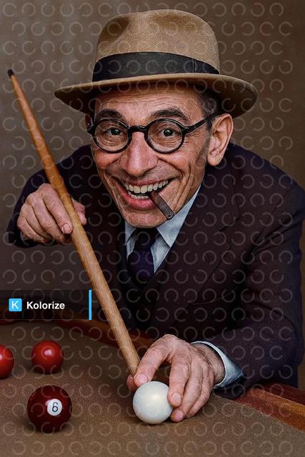 [colorized] George Stingerl (1898-1946) playing billiards in the 30s or 40s in a 1938 advertising photo.
