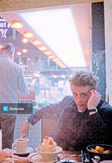 [colorized] James Dean photographed by Dennis Stock in New York City, 1955