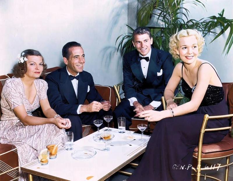 [colorized] Mayo Methot and Humphrey Bogart having cocktails with Ronald Reagan and Jane Wyman, circa early 1940s.