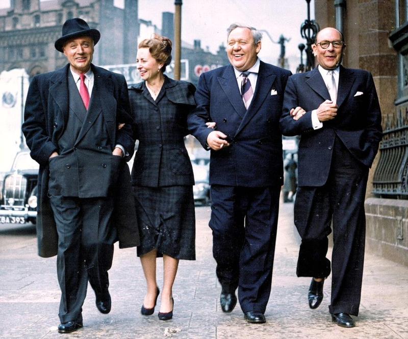 [colorized] Charles Boyer, Agnes Moorehead, Charles Laughton and Cedric Hardwicke photographed in Manchester, 1951
