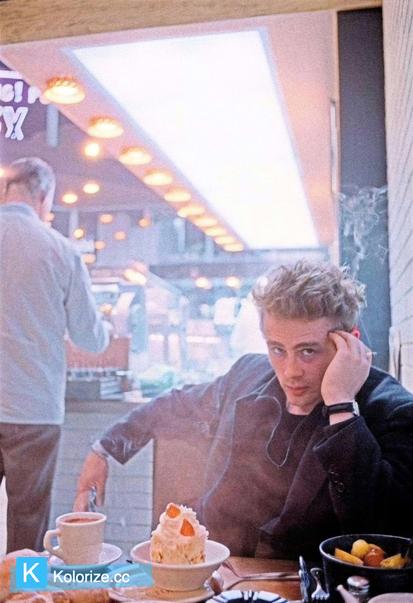 [colorized] James Dean photographed by Dennis Stock in New York City, 1955
