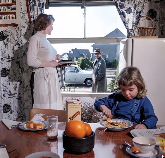 [colorized] Dad goes to work and mum takes care of her family, Netherlands 50s.