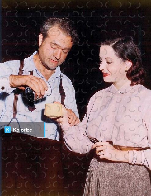 [colorized] Red Skelton and Jane Greer on a coffee break on set of Robert Z. Leonard’s THE CLOWN (1953)