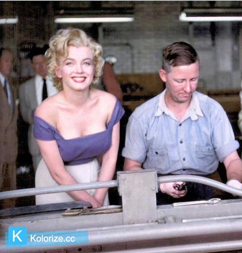[colorized] Marilyn pictured during a promo visit to the silverware factory based in Niagara Falls. Photo by Jock Carroll. 1952