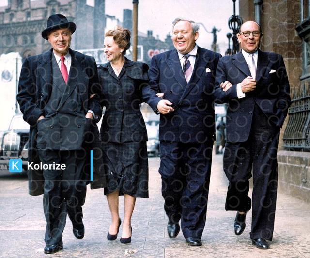 [colorized] Charles Boyer, Agnes Moorehead, Charles Laughton and Cedric Hardwicke photographed in Manchester, 1951
