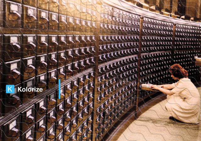 [colorized] 1930, Main Reading Room, Card Catalog, Library of Congress, Washington DC.