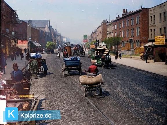 [colorized] A view of the Old Kent road taken in the 1890s