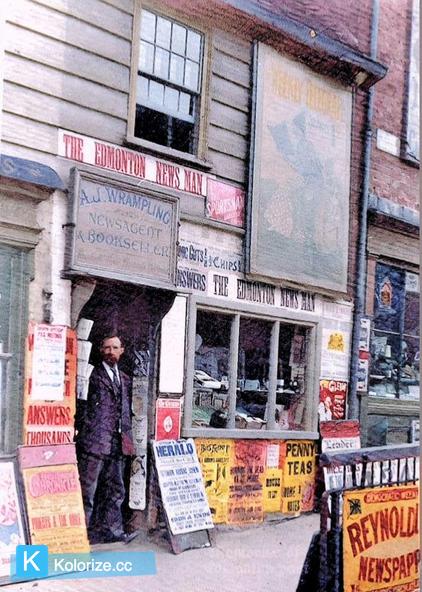 [colorized] A photograph of A J Wrampling located at 242-246 Fore Street in Edmonton, 1902