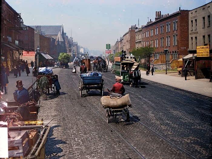 [colorized] A view of the Old Kent road taken in the 1890s