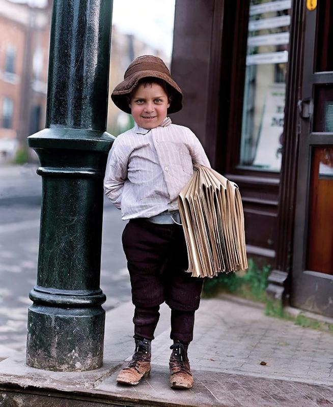 [colorized] Lewis Hine. Newspaper boy, St. Louis, Missouri, 1910.