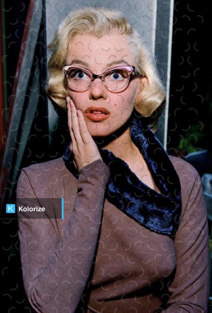 [colorized] Marilyn Monroe in her glasses, 1952.