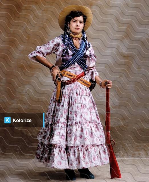 [colorized] A young woman dressed as a Soldadera, Mexico, 1940.