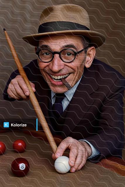 [colorized] George Stingerl (1898-1946) playing billiards in the 30s or 40s in a 1938 advertising photo.