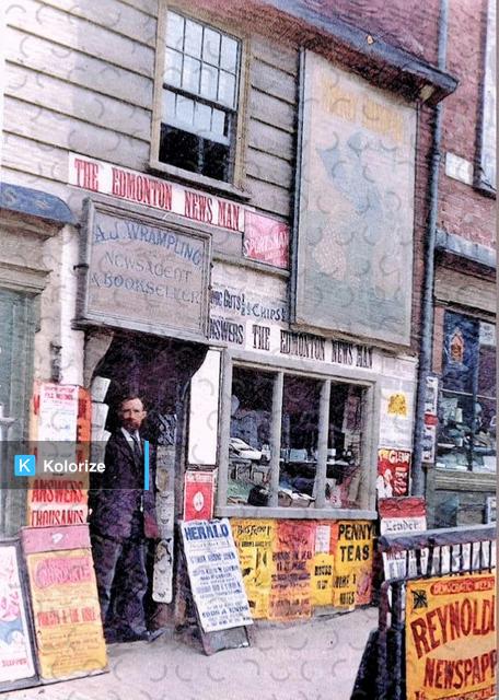 [colorized] A photograph of A J Wrampling located at 242-246 Fore Street in Edmonton, 1902