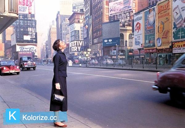[colorized] audrey hepburn photographed by lawrence fried during the time she was starring in the broadway production of ‘gigi’ in new york city, 1951