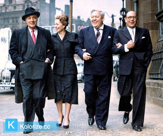 [colorized] Charles Boyer, Agnes Moorehead, Charles Laughton and Cedric Hardwicke photographed in Manchester, 1951