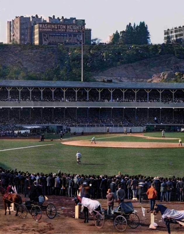[colorized] Horse-drawn carriages, no outfield wall, at 1905 World Series