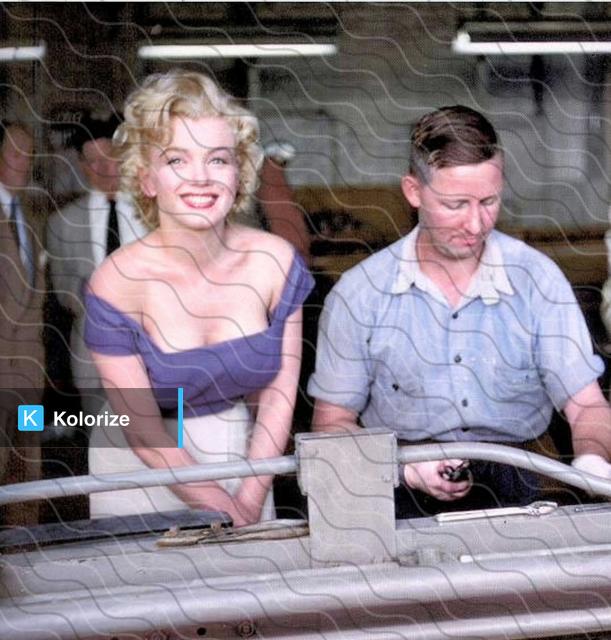 [colorized] Marilyn pictured during a promo visit to the silverware factory based in Niagara Falls. Photo by Jock Carroll. 1952