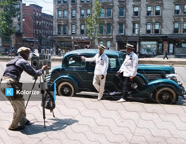 [colorized] Photographer Zack Brown shooting dapper men in Harlem, ca. 1937