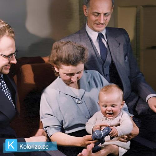 [colorized] Otto Frank with Jan and Miep Gies and their son Paul, Amsterdam, 1951 