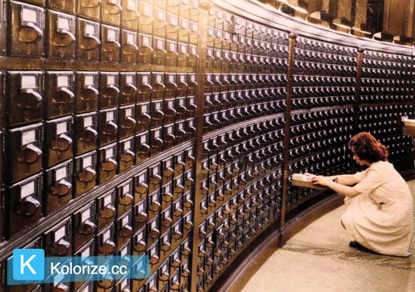 [colorized] 1930, Main Reading Room, Card Catalog, Library of Congress, Washington DC.