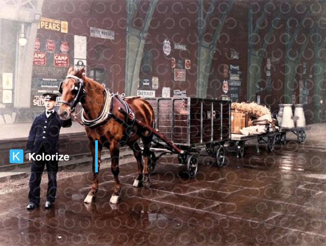 [colorized] A Photograph of Horse drawn drays at St Pancras station 1912. 