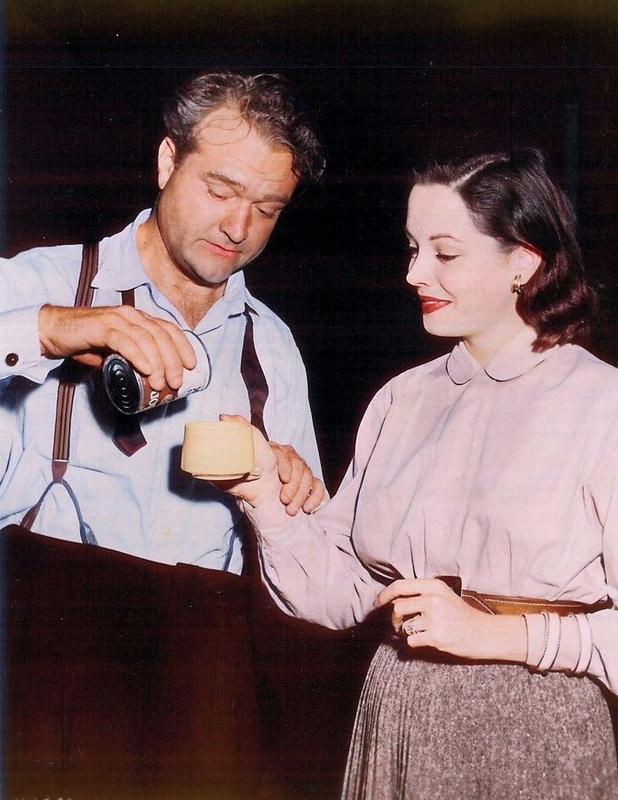 [colorized] Red Skelton and Jane Greer on a coffee break on set of Robert Z. Leonard’s THE CLOWN (1953)